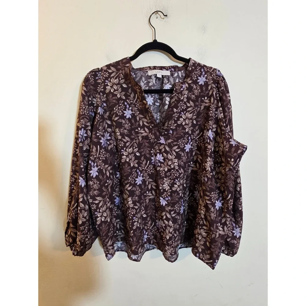 LOFT Brown Floral V-Neck Puff Sleeve Blouse Lavender Tan Print S 771323